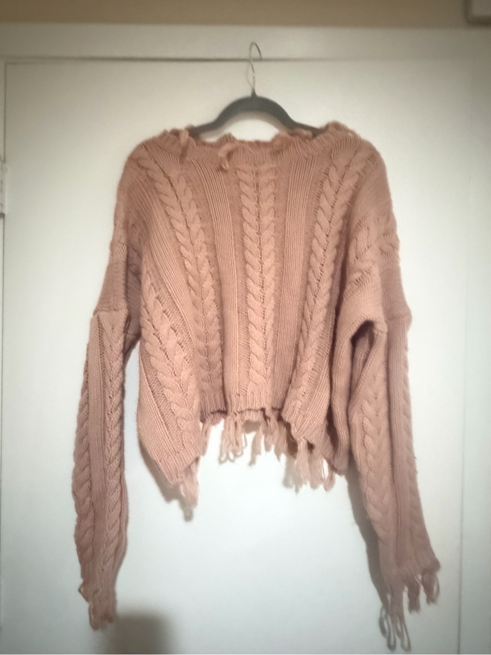 Altar'd State Distressed Fringe Cable Knit Sweater - Blush Pink